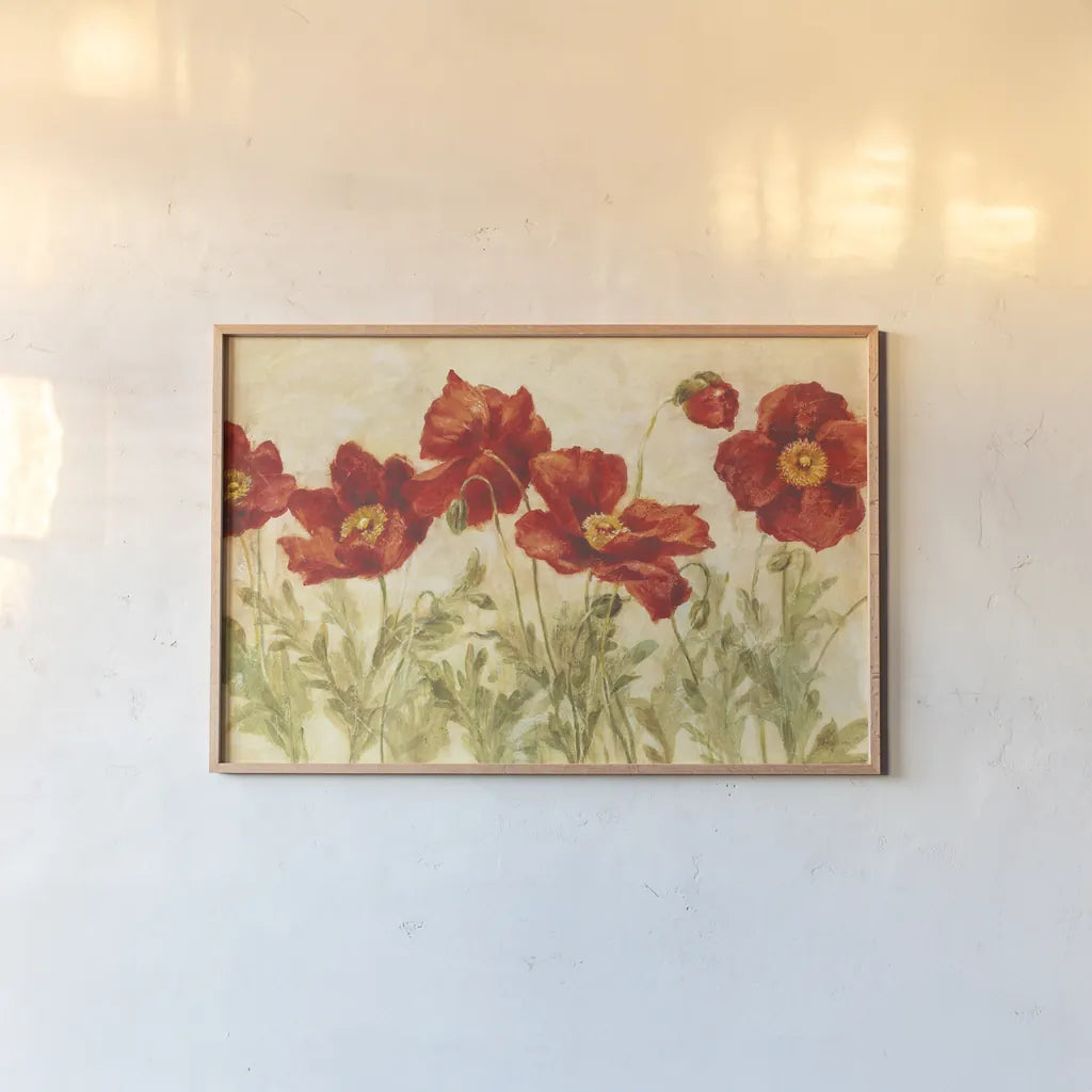 Red Poppies by Danhui Nai. shown as a paper print in a natural frame. Available as a archival giclee rolled canvas, fine art paper, or poster print. SKU 9395i.