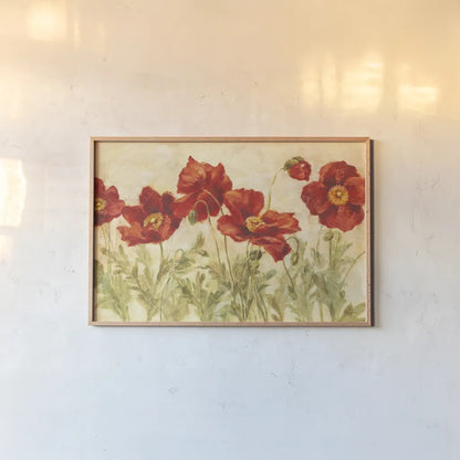 Red Poppies by Danhui Nai. shown as a paper print in a natural frame. Available as a archival giclee rolled canvas, fine art paper, or poster print. SKU 9395i.