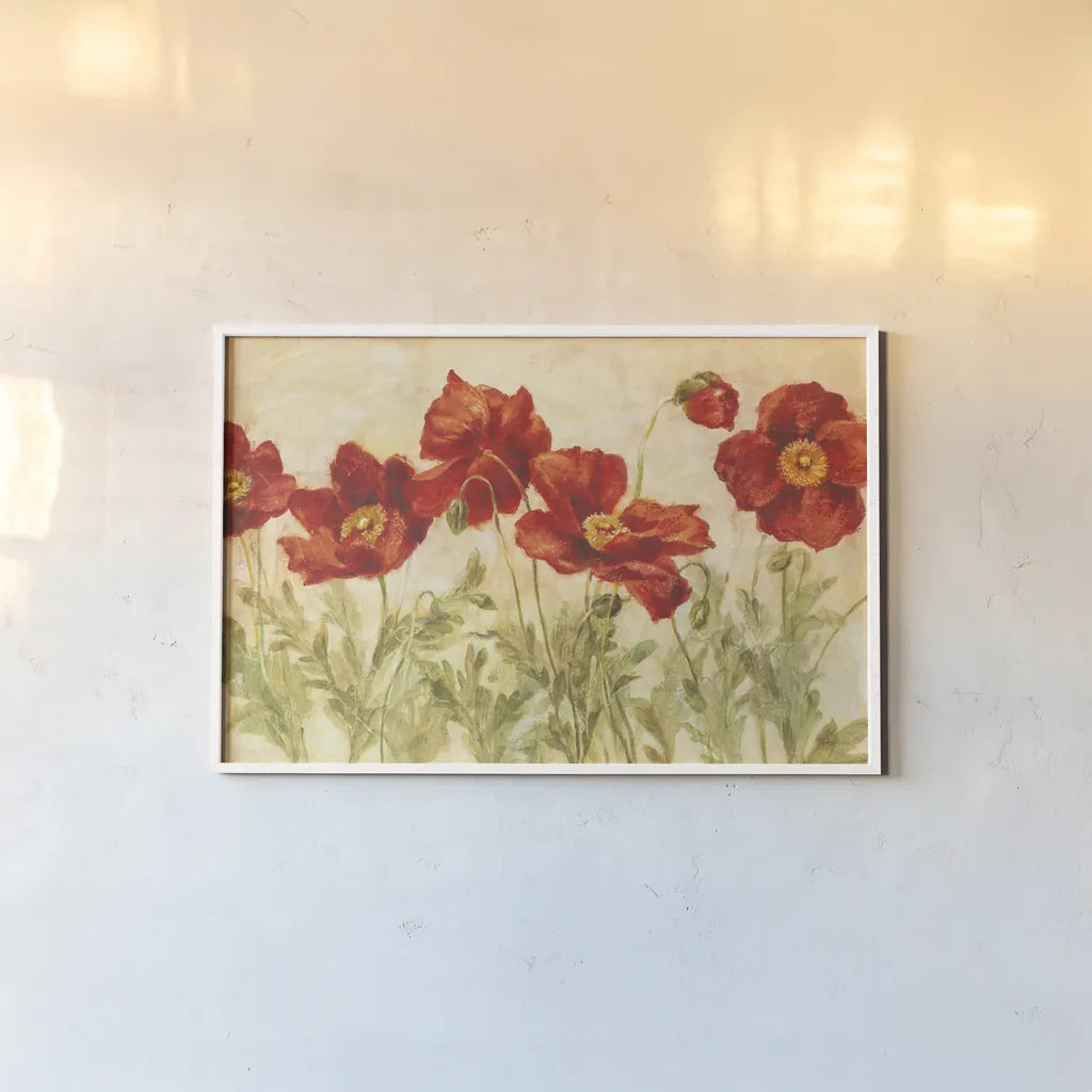 Red Poppies by Danhui Nai. shown as a paper print in a white frame. Available as a archival giclee rolled canvas, fine art paper, or poster print. SKU 9395i.