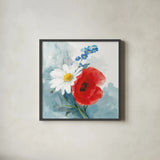 Red White and Bloom by Danhui Nai. Shown in a sleek black glass frame for a contemporary gallery look. Available as an archival giclee rolled canvas, fine art paper, or poster print. SKU 85890a.