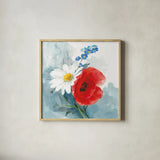 Red White and Bloom by Danhui Nai. Shown in a natural wood glass frame for a timeless modern aesthetic. Available as an archival giclee rolled canvas, fine art paper, or poster print. SKU 85890a.