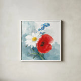 Red White and Bloom by Danhui Nai. Shown in a crisp white glass frame for a clean and minimalist style. Available as an archival giclee rolled canvas, fine art paper, or poster print. SKU 85890a.