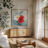 Red White and Bloom by Danhui Nai. Shown in a natural wood frame in a cozy modern living room. Available as an archival giclee rolled canvas, fine art paper, or poster print. SKU 85890a.