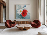 Red White and Bloom by Danhui Nai. Shown as extra-large giant wall art in a modern living room. Available as an archival giclee rolled canvas, fine art paper, or poster print. SKU 85890a.