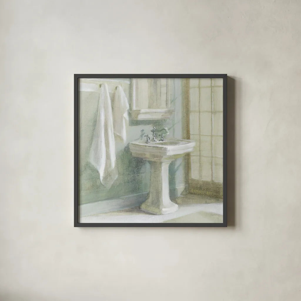 Refresh Bath I by Danhui Nai. Shown in a sleek black glass frame for a contemporary gallery look. Available as an archival giclee rolled canvas, fine art paper, or poster print. SKU 6506a.