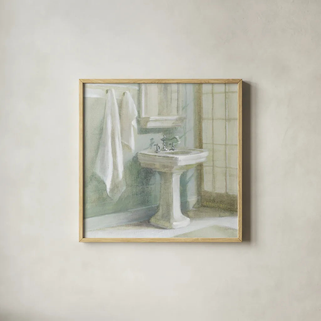 Refresh Bath I by Danhui Nai. Shown in a natural wood glass frame for a timeless modern aesthetic. Available as an archival giclee rolled canvas, fine art paper, or poster print. SKU 6506a.