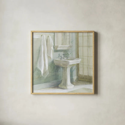 Refresh Bath I by Danhui Nai. Shown in a natural wood glass frame for a timeless modern aesthetic. Available as an archival giclee rolled canvas, fine art paper, or poster print. SKU 6506a.