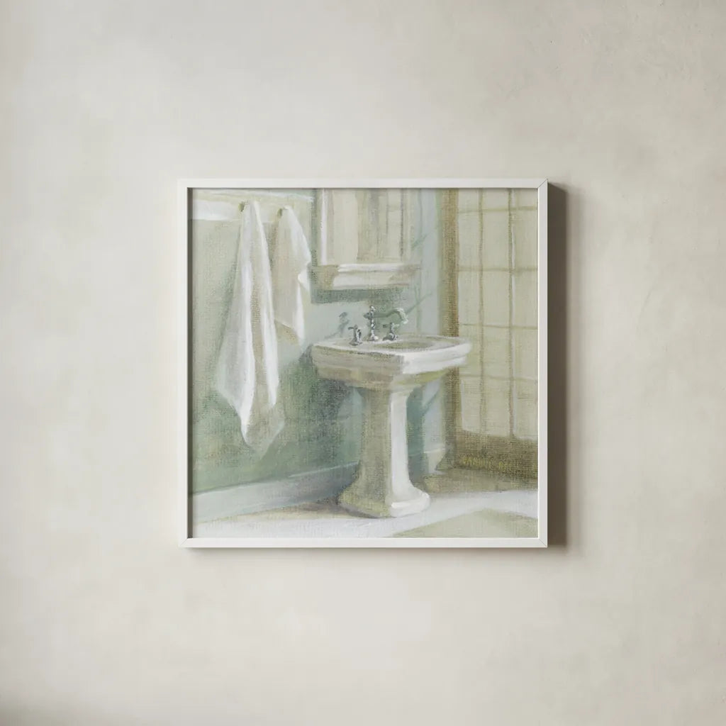 Refresh Bath I by Danhui Nai. Shown in a crisp white glass frame for a clean and minimalist style. Available as an archival giclee rolled canvas, fine art paper, or poster print. SKU 6506a.