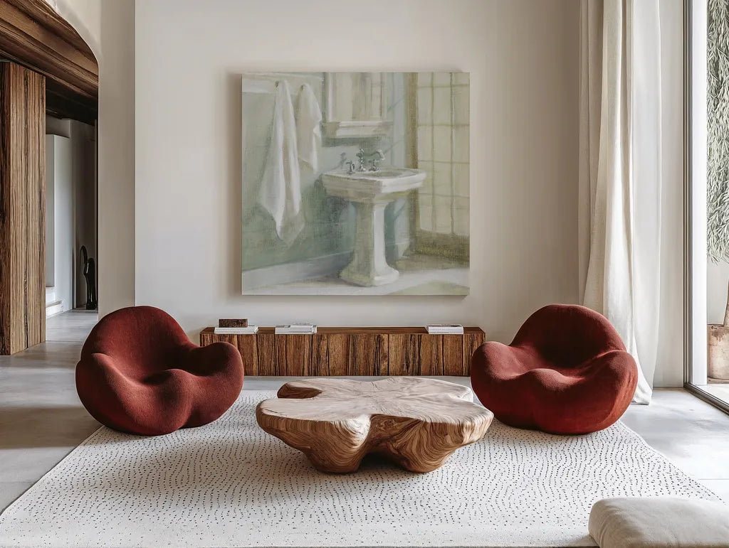 Refresh Bath I by Danhui Nai. Shown as extra-large giant wall art in a modern living room. Available as an archival giclee rolled canvas, fine art paper, or poster print. SKU 6506a.
