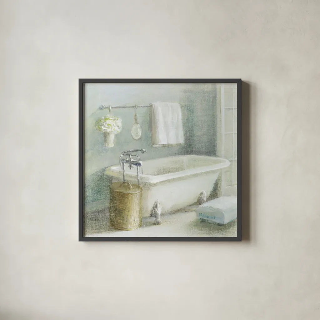 Refreshing Bath II by Danhui Nai. Shown in a sleek black glass frame for a contemporary gallery look. Available as an archival giclee rolled canvas, fine art paper, or poster print. SKU 6507a.