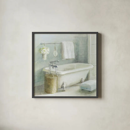 Refreshing Bath II by Danhui Nai. Shown in a sleek black glass frame for a contemporary gallery look. Available as an archival giclee rolled canvas, fine art paper, or poster print. SKU 6507a.
