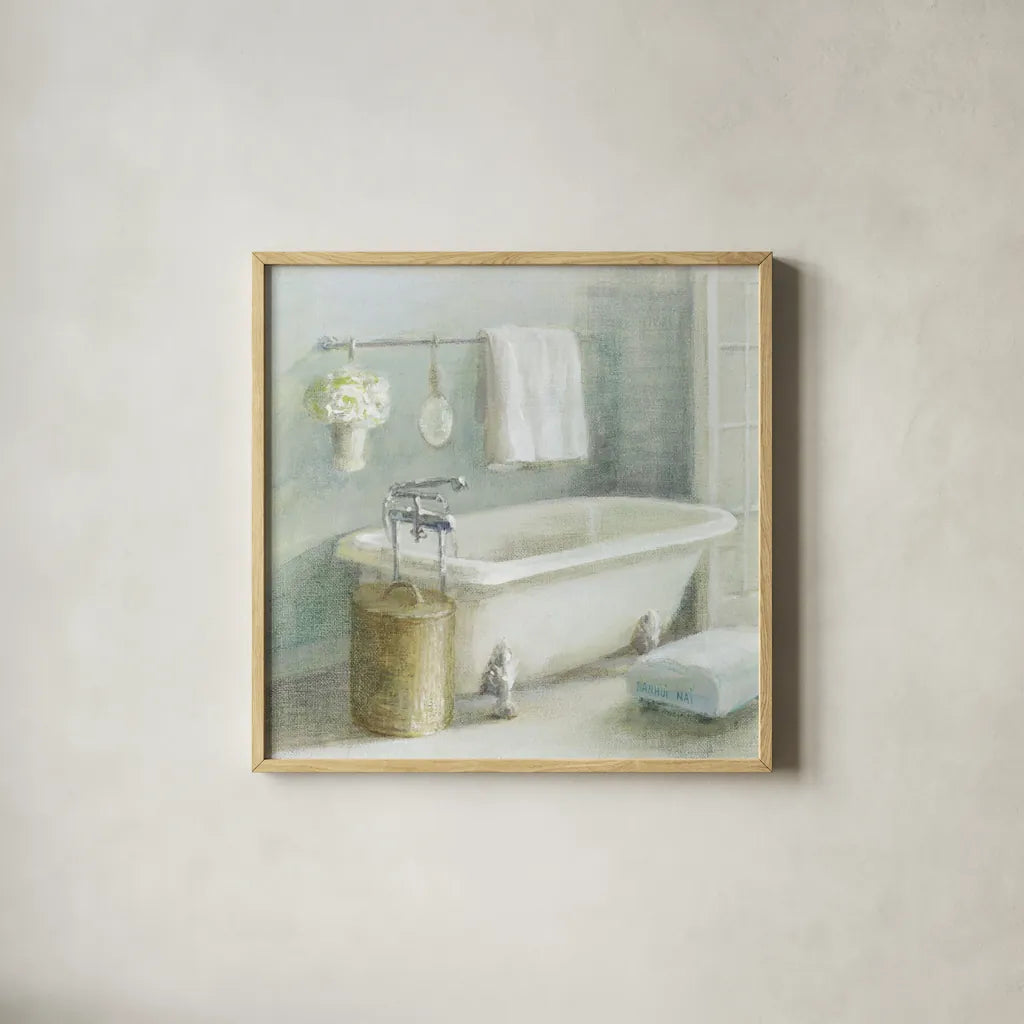 Refreshing Bath II by Danhui Nai. Shown in a natural wood glass frame for a timeless modern aesthetic. Available as an archival giclee rolled canvas, fine art paper, or poster print. SKU 6507a.