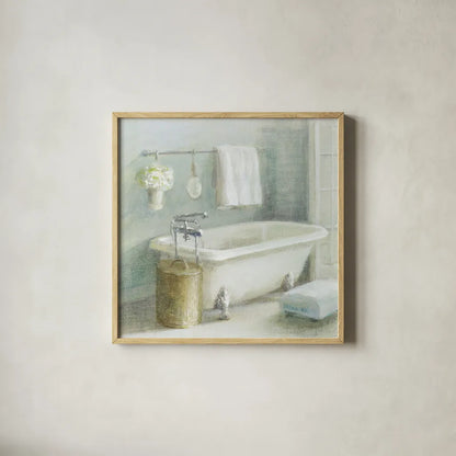 Refreshing Bath II by Danhui Nai. Shown in a natural wood glass frame for a timeless modern aesthetic. Available as an archival giclee rolled canvas, fine art paper, or poster print. SKU 6507a.