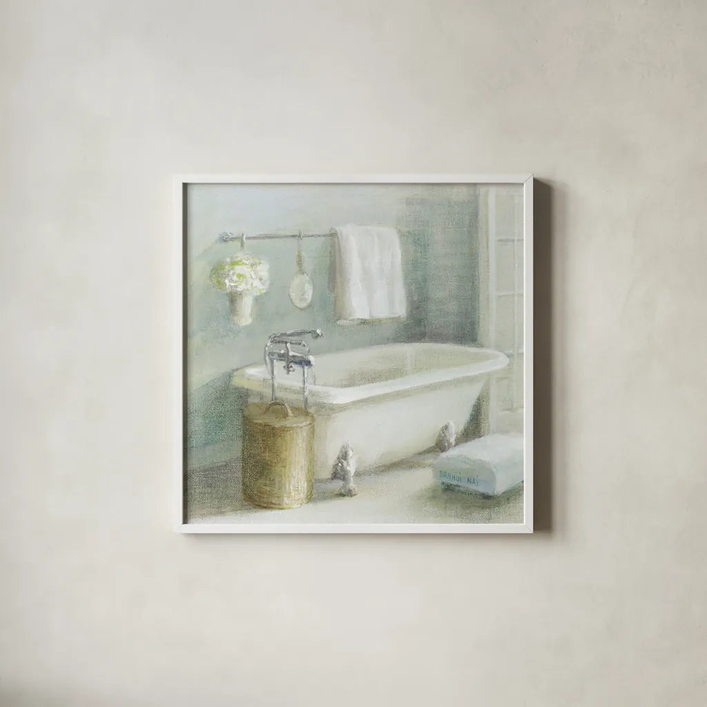Refreshing Bath II by Danhui Nai. Shown in a crisp white glass frame for a clean and minimalist style. Available as an archival giclee rolled canvas, fine art paper, or poster print. SKU 6507a.