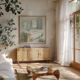 Refreshing Bath II by Danhui Nai. Shown in a natural wood frame in a cozy modern living room. Available as an archival giclee rolled canvas, fine art paper, or poster print. SKU 6507a.