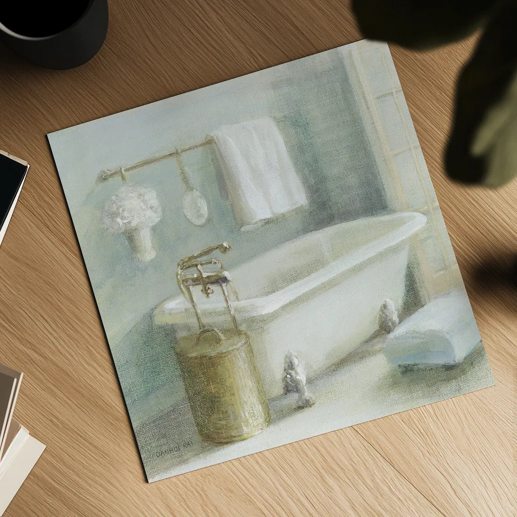 Refreshing Bath II Brass by Danhui Nai. Shown as a detailed flat fine art print, highlighting archival giclee quality. Available as an archival giclee rolled canvas, fine art paper, or poster print. SKU 54883a.