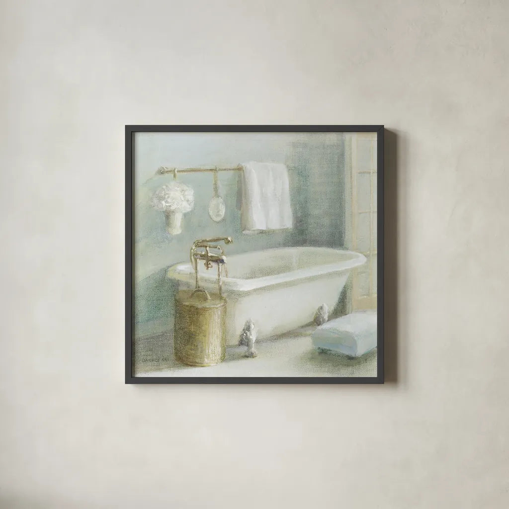 Refreshing Bath II Brass by Danhui Nai. Shown in a sleek black glass frame for a contemporary gallery look. Available as an archival giclee rolled canvas, fine art paper, or poster print. SKU 54883a.