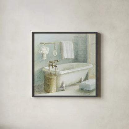 Refreshing Bath II Brass by Danhui Nai. Shown in a sleek black glass frame for a contemporary gallery look. Available as an archival giclee rolled canvas, fine art paper, or poster print. SKU 54883a.