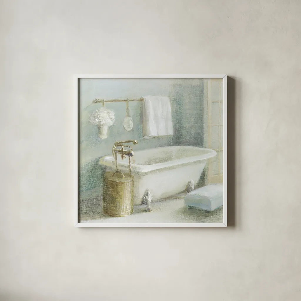 Refreshing Bath II Brass by Danhui Nai. Shown in a crisp white glass frame for a clean and minimalist style. Available as an archival giclee rolled canvas, fine art paper, or poster print. SKU 54883a.