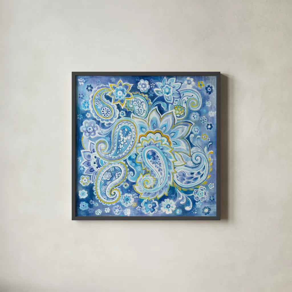 Regal Paisley by Danhui Nai. Shown in a sleek black glass frame for a contemporary gallery look. Available as an archival giclee rolled canvas, fine art paper, or poster print. SKU 57927a.