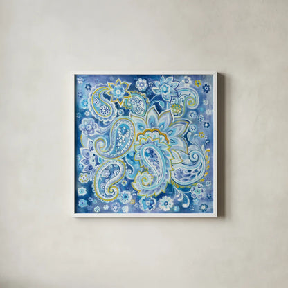Regal Paisley by Danhui Nai. Shown in a crisp white glass frame for a clean and minimalist style. Available as an archival giclee rolled canvas, fine art paper, or poster print. SKU 57927a.
