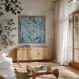 Regal Paisley by Danhui Nai. Shown in a natural wood frame in a cozy modern living room. Available as an archival giclee rolled canvas, fine art paper, or poster print. SKU 57927a.