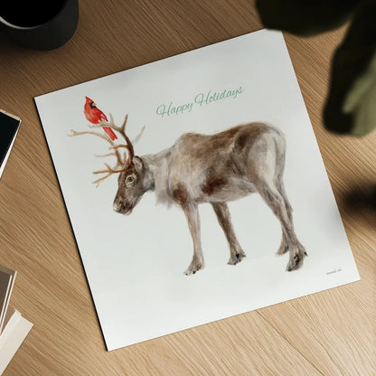 Reindeer Friends v2 by Danhui Nai. Shown as a detailed flat fine art print, highlighting archival giclee quality. Available as an archival giclee rolled canvas, fine art paper, or poster print. SKU 83009a.