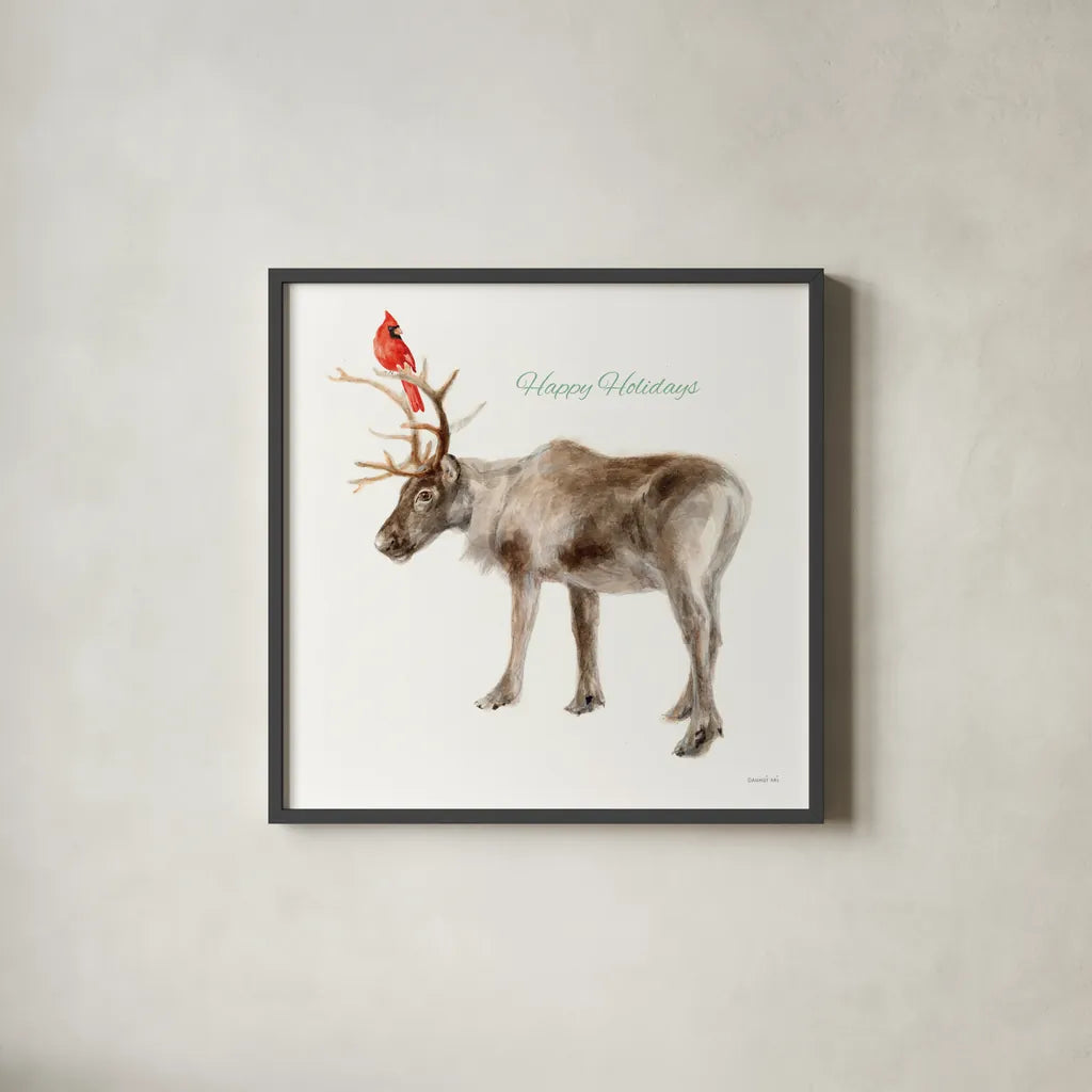 Reindeer Friends v2 by Danhui Nai. Shown in a sleek black glass frame for a contemporary gallery look. Available as an archival giclee rolled canvas, fine art paper, or poster print. SKU 83009a.