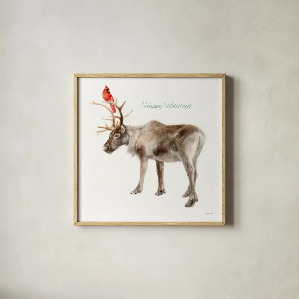 Reindeer Friends v2 by Danhui Nai. Shown in a natural wood glass frame for a timeless modern aesthetic. Available as an archival giclee rolled canvas, fine art paper, or poster print. SKU 83009a.