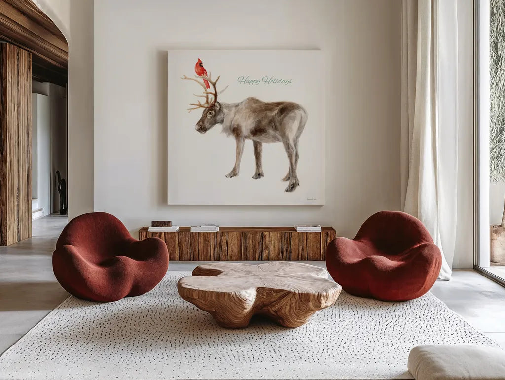 Reindeer Friends v2 by Danhui Nai. Shown as extra-large giant wall art in a modern living room. Available as an archival giclee rolled canvas, fine art paper, or poster print. SKU 83009a.