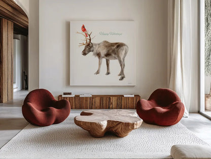 Reindeer Friends v2 by Danhui Nai. Shown as extra-large giant wall art in a modern living room. Available as an archival giclee rolled canvas, fine art paper, or poster print. SKU 83009a.