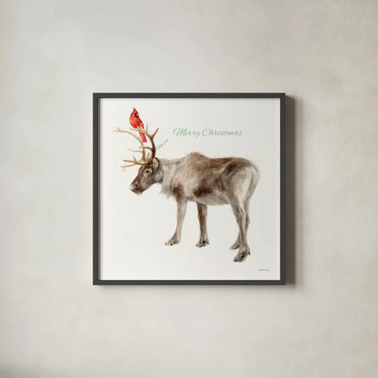 Reindeer Friends v3 by Danhui Nai. Shown in a sleek black glass frame for a contemporary gallery look. Available as an archival giclee rolled canvas, fine art paper, or poster print. SKU 83010a.