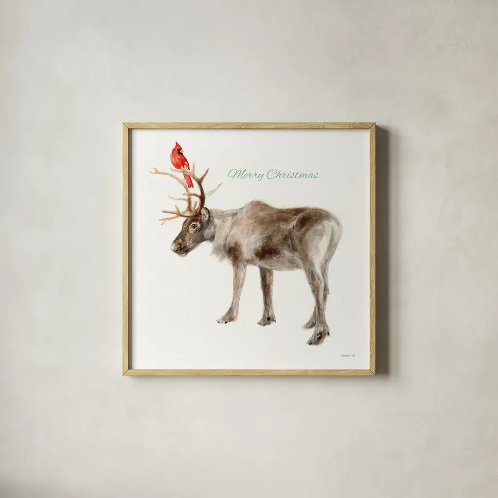 Reindeer Friends v3 by Danhui Nai. Shown in a natural wood glass frame for a timeless modern aesthetic. Available as an archival giclee rolled canvas, fine art paper, or poster print. SKU 83010a.