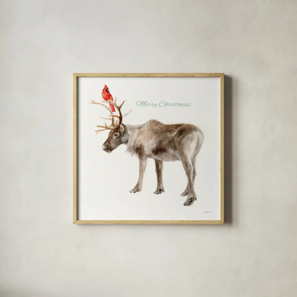 Reindeer Friends v3 by Danhui Nai. Shown in a natural wood glass frame for a timeless modern aesthetic. Available as an archival giclee rolled canvas, fine art paper, or poster print. SKU 83010a.