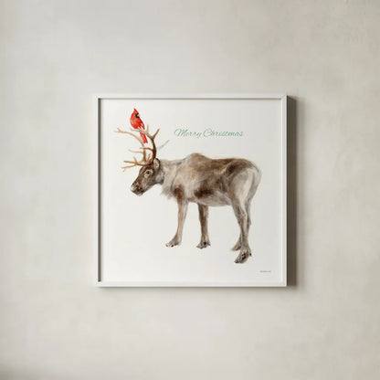 Reindeer Friends v3 by Danhui Nai. Shown in a crisp white glass frame for a clean and minimalist style. Available as an archival giclee rolled canvas, fine art paper, or poster print. SKU 83010a.
