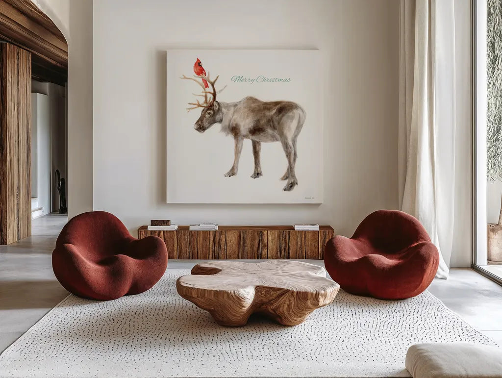 Reindeer Friends v3 by Danhui Nai. Shown as extra-large giant wall art in a modern living room. Available as an archival giclee rolled canvas, fine art paper, or poster print. SKU 83010a.