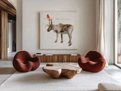 Reindeer Friends v3 by Danhui Nai. Shown as extra-large giant wall art in a modern living room. Available as an archival giclee rolled canvas, fine art paper, or poster print. SKU 83010a.