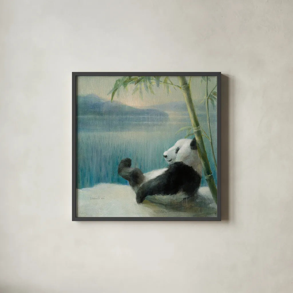 Resting in Bamboo by Danhui Nai. Shown in a sleek black glass frame for a contemporary gallery look. Available as an archival giclee rolled canvas, fine art paper, or poster print. SKU 45457a.