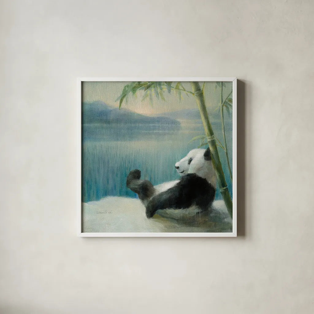 Resting in Bamboo by Danhui Nai. Shown in a crisp white glass frame for a clean and minimalist style. Available as an archival giclee rolled canvas, fine art paper, or poster print. SKU 45457a.
