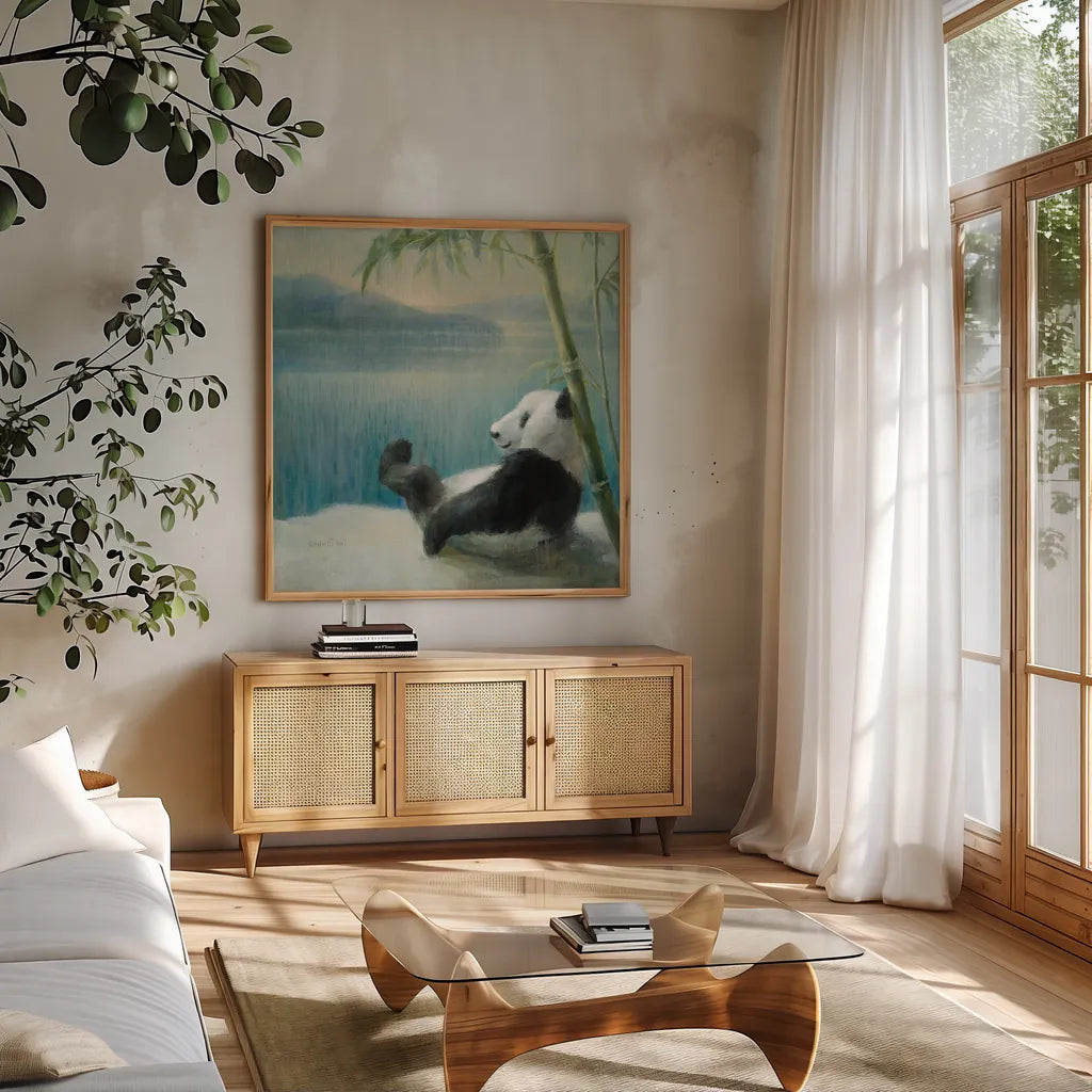 Resting in Bamboo by Danhui Nai. Shown in a natural wood frame in a cozy modern living room. Available as an archival giclee rolled canvas, fine art paper, or poster print. SKU 45457a.