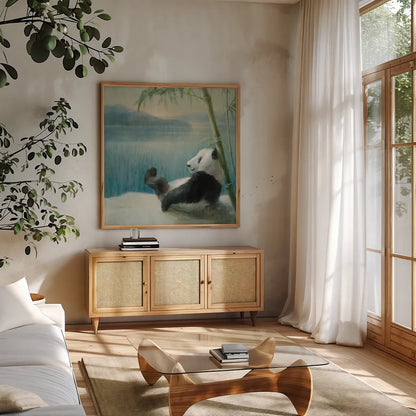 Resting in Bamboo by Danhui Nai. Shown in a natural wood frame in a cozy modern living room. Available as an archival giclee rolled canvas, fine art paper, or poster print. SKU 45457a.