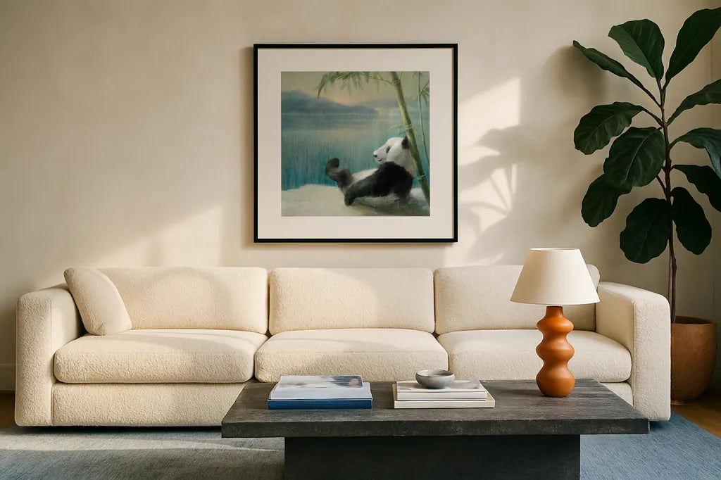 Resting in Bamboo by Danhui Nai. Displayed in a glass frame with matte in a clean modern living room. Available as an archival giclee rolled canvas, fine art paper, or poster print. SKU 45457a.