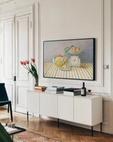 Retro Kitchen I by Danhui Nai. shown as a framed stretched canvas in a living room above a console. Available as a archival giclee rolled canvas, fine art paper, or poster print. SKU 15985i.