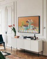Retro Kitchen II by Danhui Nai. shown as a framed stretched canvas in a living room above a console. Available as a archival giclee rolled canvas, fine art paper, or poster print. SKU 15986i.