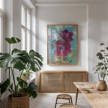 Rich Anemones I by Danhui Nai. shown as a print in a natural wood frame in a dining room. Available as a archival giclee rolled canvas, fine art paper, or poster print. SKU 92982h.