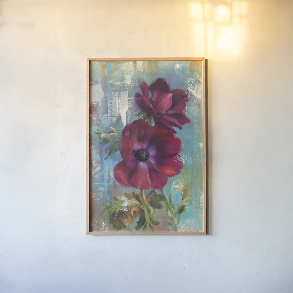 Rich Anemones I by Danhui Nai. shown as a paper print in a natural frame. Available as a archival giclee rolled canvas, fine art paper, or poster print. SKU 92982h.