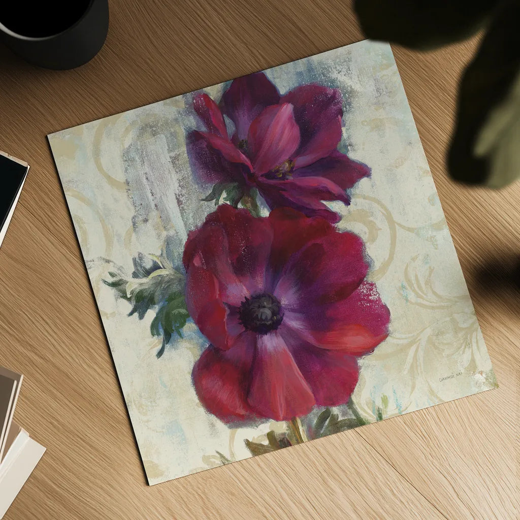 Rich Anemones I on Ivory by Danhui Nai. Shown as a detailed flat fine art print, highlighting archival giclee quality. Available as an archival giclee rolled canvas, fine art paper, or poster print. SKU 21261a.