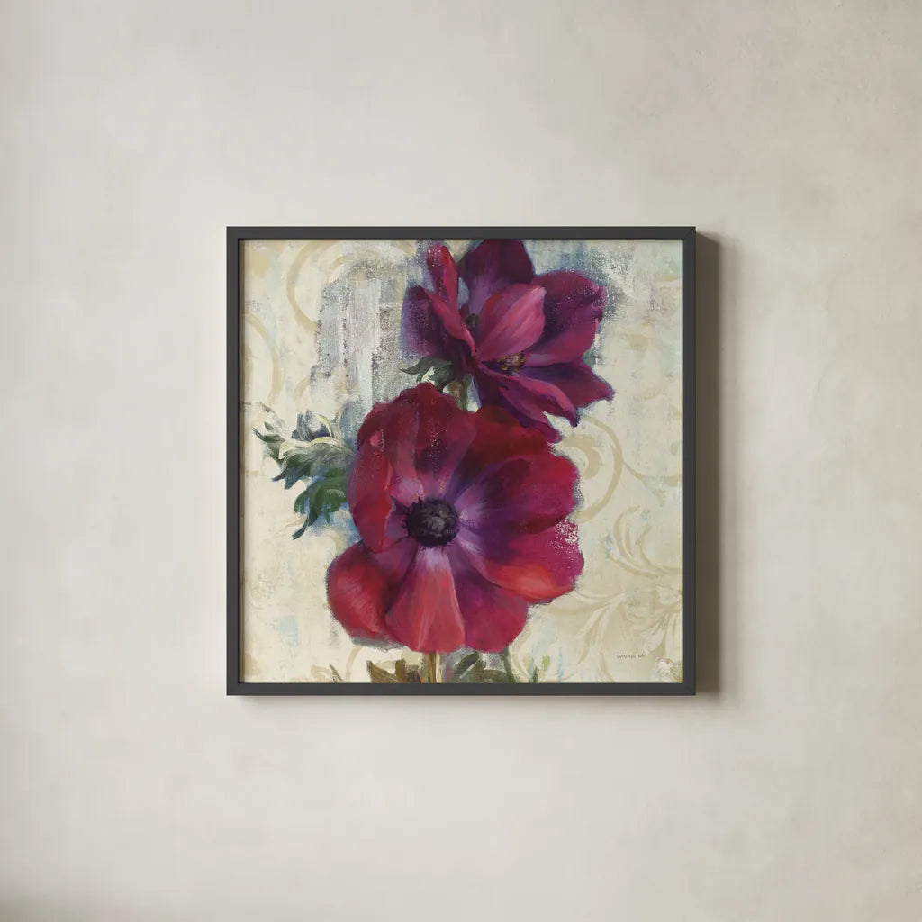 Rich Anemones I on Ivory by Danhui Nai. Shown in a sleek black glass frame for a contemporary gallery look. Available as an archival giclee rolled canvas, fine art paper, or poster print. SKU 21261a.