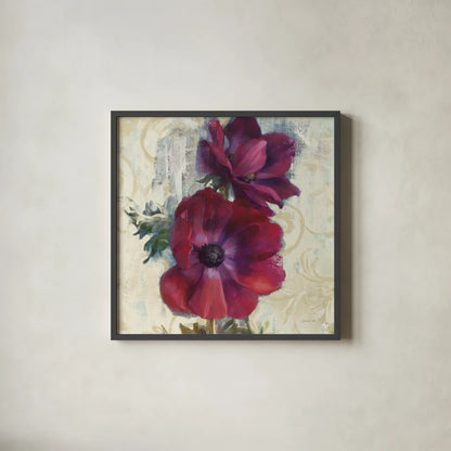 Rich Anemones I on Ivory by Danhui Nai. Shown in a sleek black glass frame for a contemporary gallery look. Available as an archival giclee rolled canvas, fine art paper, or poster print. SKU 21261a.