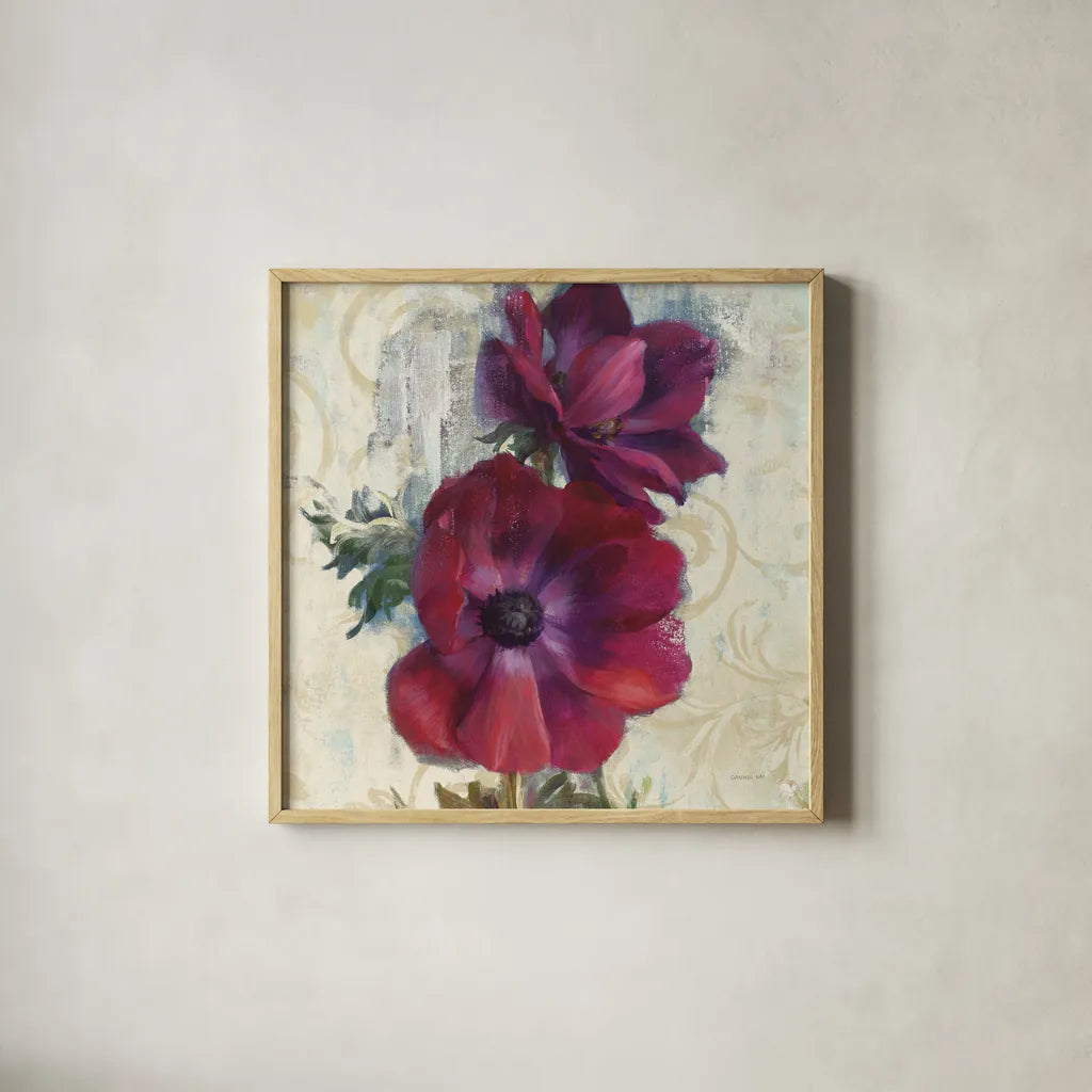 Rich Anemones I on Ivory by Danhui Nai. Shown in a natural wood glass frame for a timeless modern aesthetic. Available as an archival giclee rolled canvas, fine art paper, or poster print. SKU 21261a.